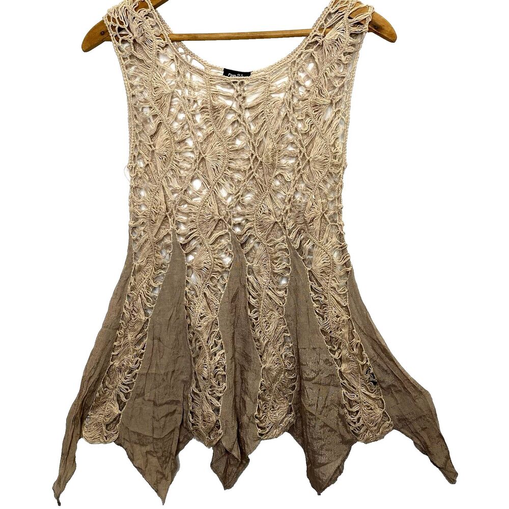 Rue 21 Crochet Knit Asymmetrical Hem Sleeveless Tank Womens S Boho Beach Beige